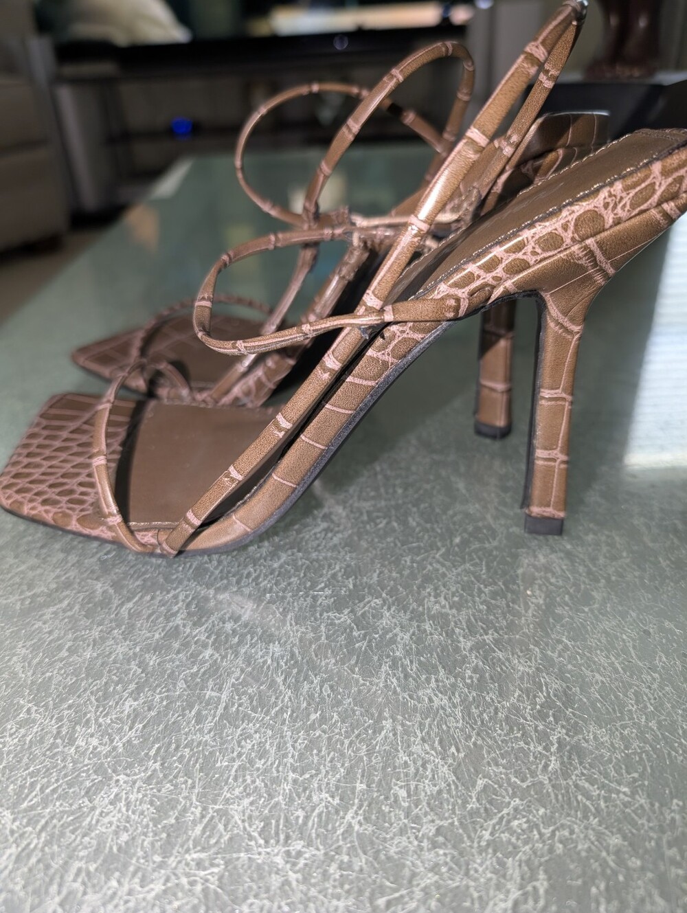 Brown Croc-Embossed Strappy Mid-Heel Sandal - Picture 4 of 7